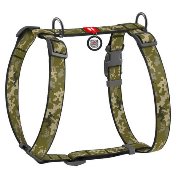 Collar WauDog Nylon Szelki nylonowe anatomiczne w kształcie litery H, z QR-paszportem, plastikowy fastex, wzór MILITARY, rozmiar M 20mm