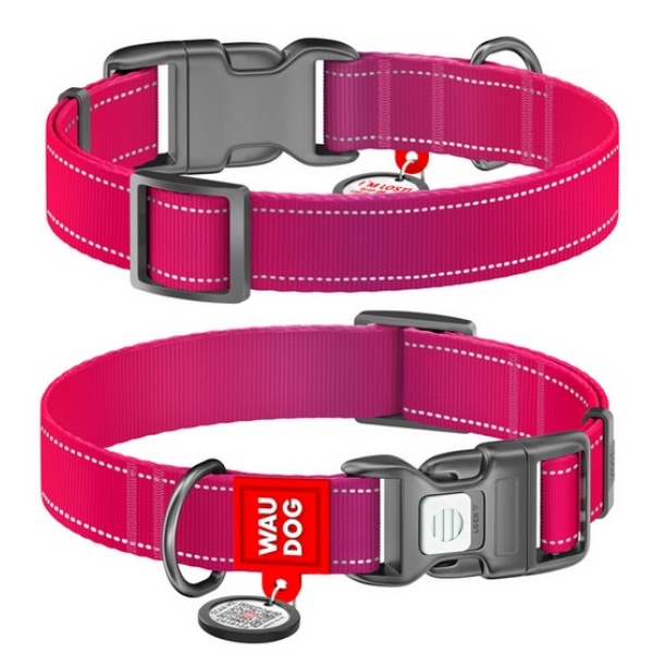 Collar WauDog Nylon Mono Obroża nylonowa odblaskowa z QR-paszportem, plastikowy fastex, S 15mm/25-35cm różowa