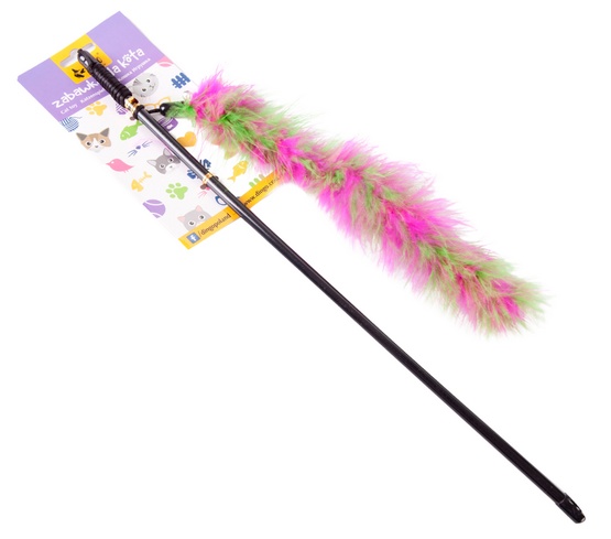 Dingo Wędka dla kota - ogonek z piór różowo-zielony - obrazek 2