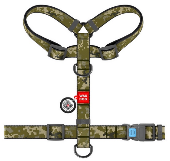 Collar WauDog Nylon Szelki nylonowe anatomiczne w kształcie litery H, z QR-paszportem, plastikowy fastex, wzór MILITARY, rozmiar S 15mm - obrazek 2
