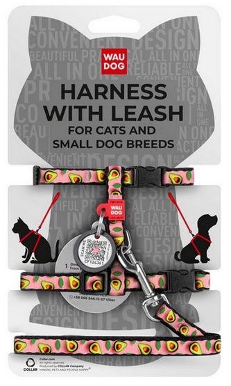 Collar WauDog Nylon Szelki ze smyczą nylonowe anatomiczne w kształcie litery H, z QR-paszportem, plastikowy fastex, wzór AWOKADO NA RÓŻU, rozmiar XS