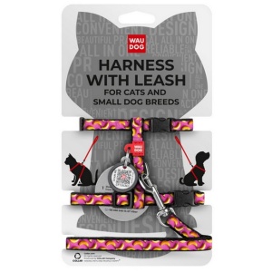 Collar WauDog Nylon Szelki ze smyczą nylonowe anatomiczne w kształcie litery H, z QR-paszportem, plastikowy fastex, wzór BANANY NA RÓŻU, rozmiar XS