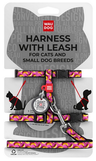 Collar WauDog Nylon Szelki ze smyczą nylonowe anatomiczne w kształcie litery H, z QR-paszportem, plastikowy fastex, wzór BANANY NA RÓŻU, rozmiar XS