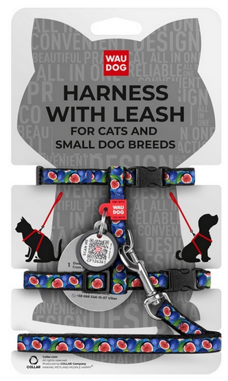 Collar WauDog Nylon Szelki ze smyczą nylonowe anatomiczne w kształcie litery H, z QR-paszportem, plastikowy fastex, wzór FIGA, rozmiar XS