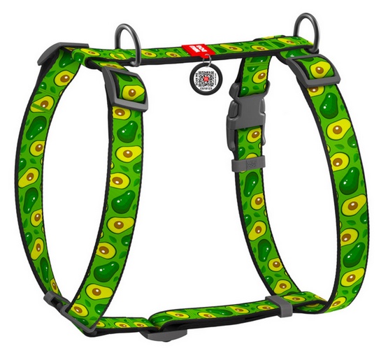 Collar WauDog Nylon Szelki nylonowe anatomiczne w kształcie litery H, z QR-paszportem, plastikowy fastex, wzór AWOKADO, rozmiar M 20mm