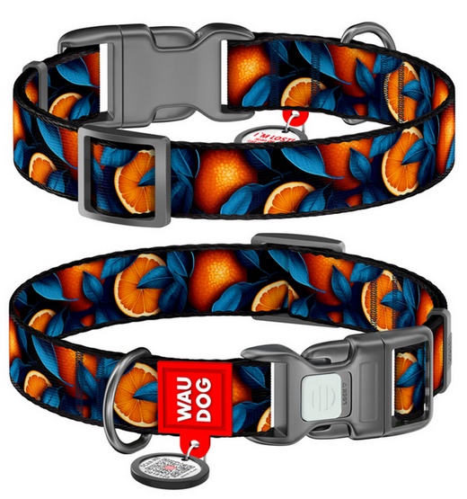 Collar WauDog Nylon Obroża nylonowa z QR-paszportem, plastikowy fastex, wzór POMARAŃCZE, 20mm/28-40cm