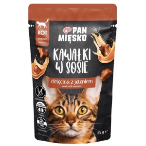 Pan Mięsko Karma mokra dla kota - cielęcina i jeleń kawałki w sosie saszetka 85g
