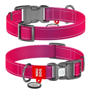 Collar WauDog Nylon Mono Obroża nylonowa odblaskowa z QR-paszportem, plastikowy fastex, S 15mm/25-35cm różowa