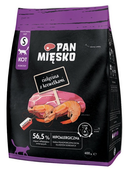 Pan Mięsko Karma sucha dla kota - cielęcina i krewetki chrupki S 400g