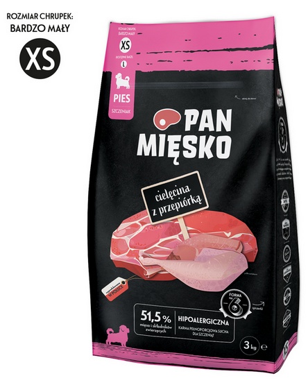 Pan Mięsko Karma sucha dla szczeniąt - cielęcina i przepiórka chrupki XS 3kg