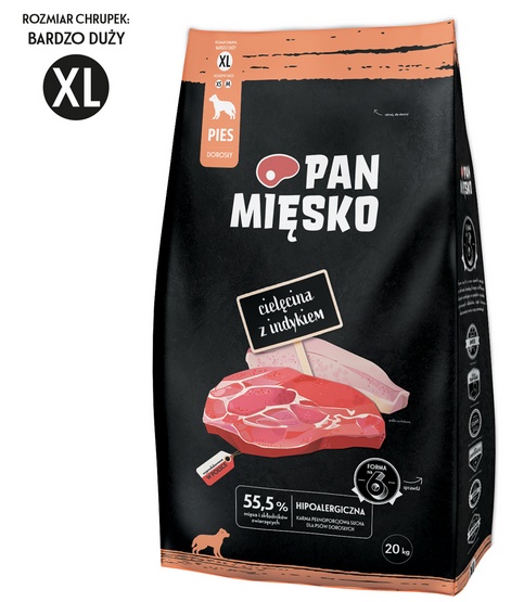 Pan Mięsko Karma sucha dla psa - cielęcina i indyk chrupki XL 9kg