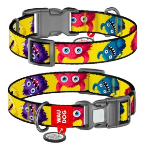 Collar WauDog Nylon Obroża nylonowa z QR-paszportem, plastikowy fastex, wzór FUTRZANE POTWORY, S 15mm/25-35cm