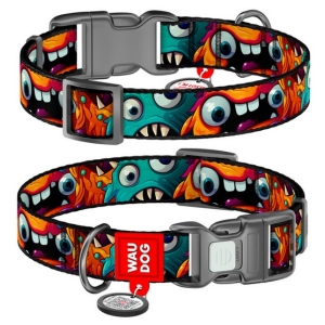 Collar WauDog Nylon Obroża nylonowa z QR-paszportem, plastikowy fastex, wzór ZĘBATE POTWORY, S 15mm/25-35cm