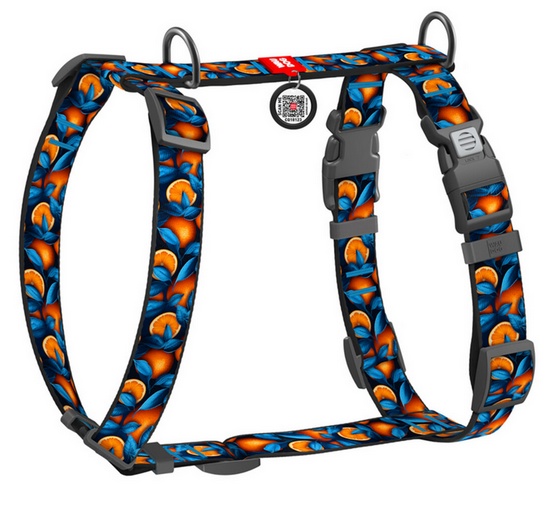Collar WauDog Nylon Szelki nylonowe anatomiczne w kształcie litery H, z QR-paszportem, plastikowy fastex, wzór POMARAŃCZE, rozmiar M 20mm